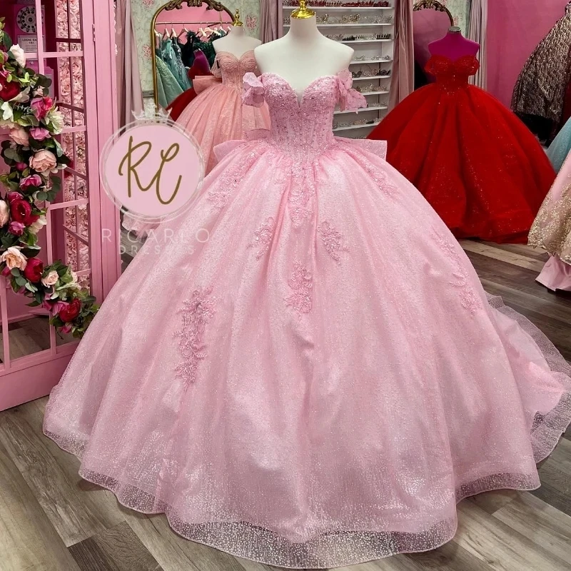 

Pink Shiny Ball Gowns Quinceanera Dresses for Girls Off The Shoulder Beads Appliques Lace Tull Sweet 16 Vestidos De 15 Años