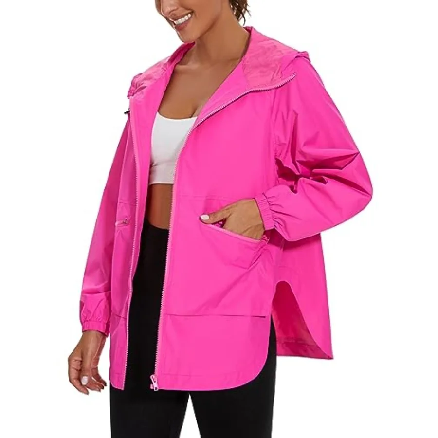 

PESION Womens Waterproof Raincoat Lightweight Rain Jacket Trench Coat Hooded Windbreaker With Pockets for Outdoor