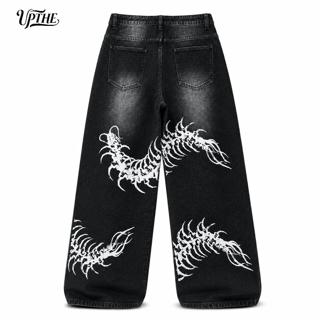 UP.THE Men Black Faded Baggy Wide Leg Jeans, Y2K Oversized Loose White Centipede Skeleton Print Denim Pants, Gothic Grunge Streetwear Trousers for Daily Outfits - view 3