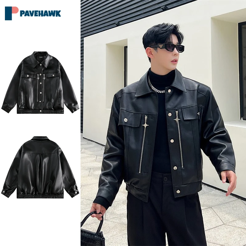 

Autumn Lapel Short PU Leather Jacket Man Hip Hop Zipper Design Motorcycle Jackets Male High Street Outwear Harajuku Cargo Coats