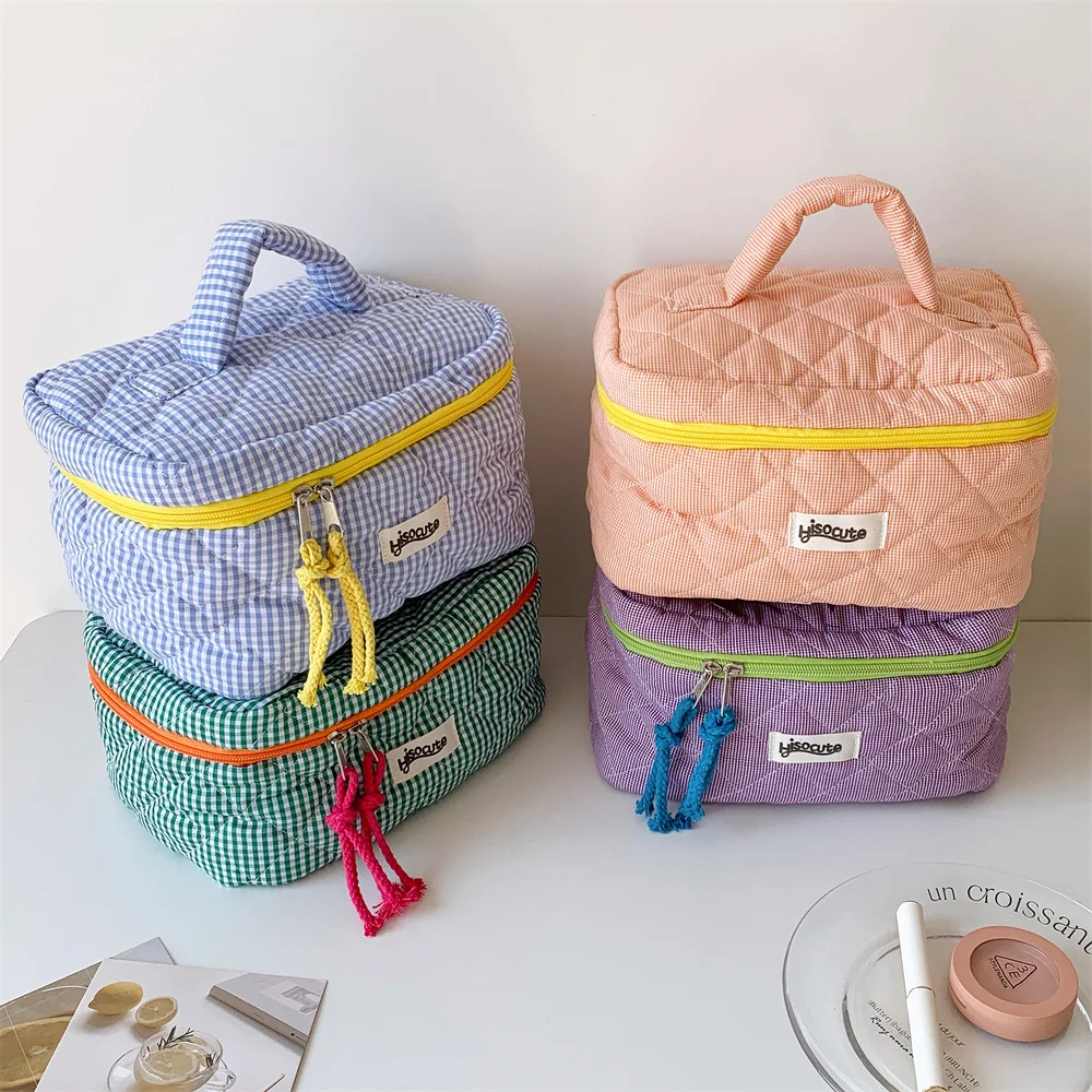 3pcs/Set Plaid Cosmetic Bag Set Simple Style Large Capacity Portable Cosmetic Tools Storage Bag for Home Bathroom Toiletry Bag