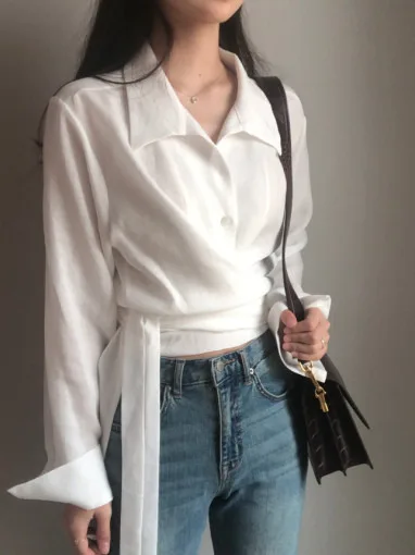 

Chic Early Autumn Small ence Mis Blue irt Collar Cross Tie Waist Design Slim Long Sve Top Women's Faion