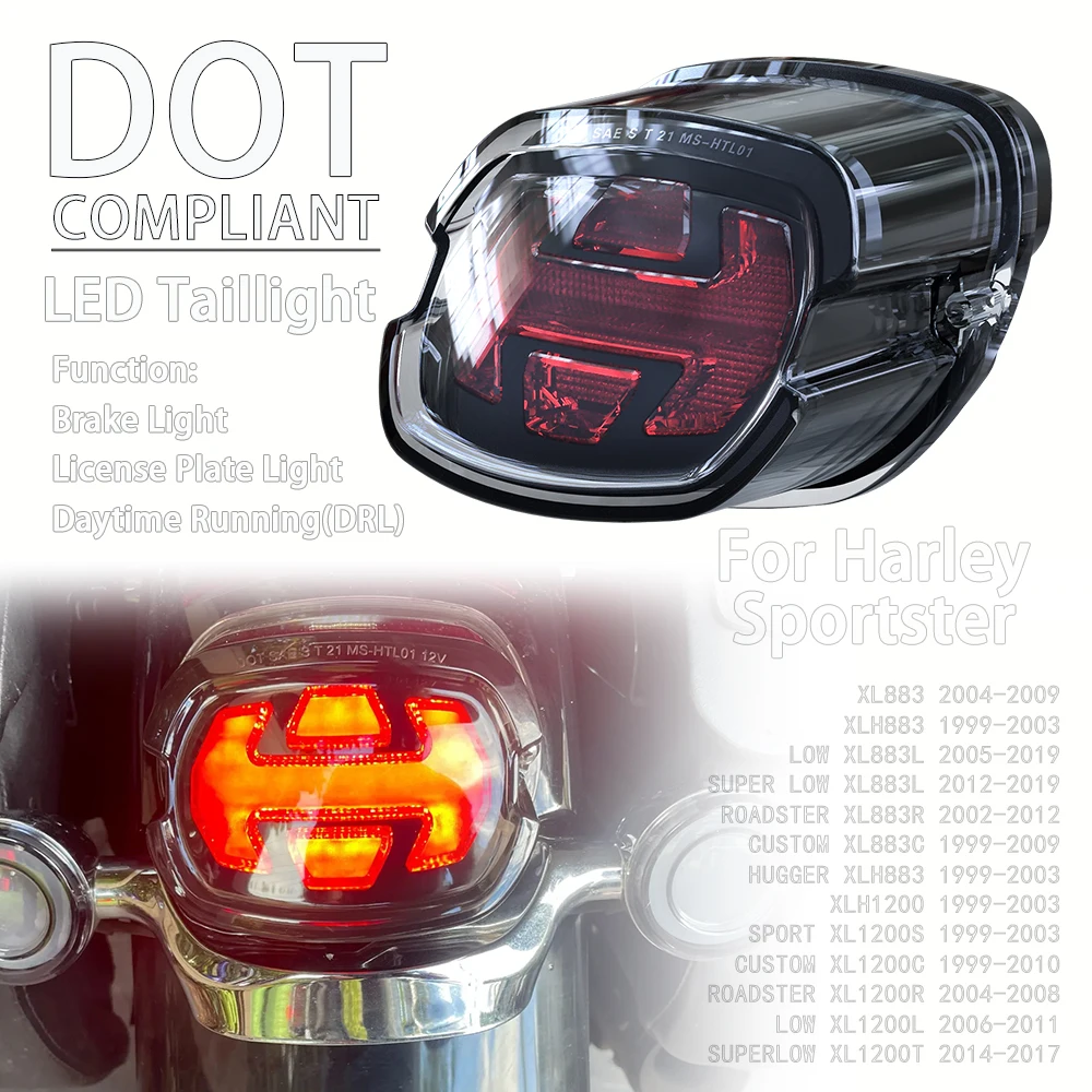 

DOT LED Taillight For Harley Sportster 883 XL883 1200 XL1200 Super Low Custom Motorcycle Tail Brake Lamp License Plate Light DRL
