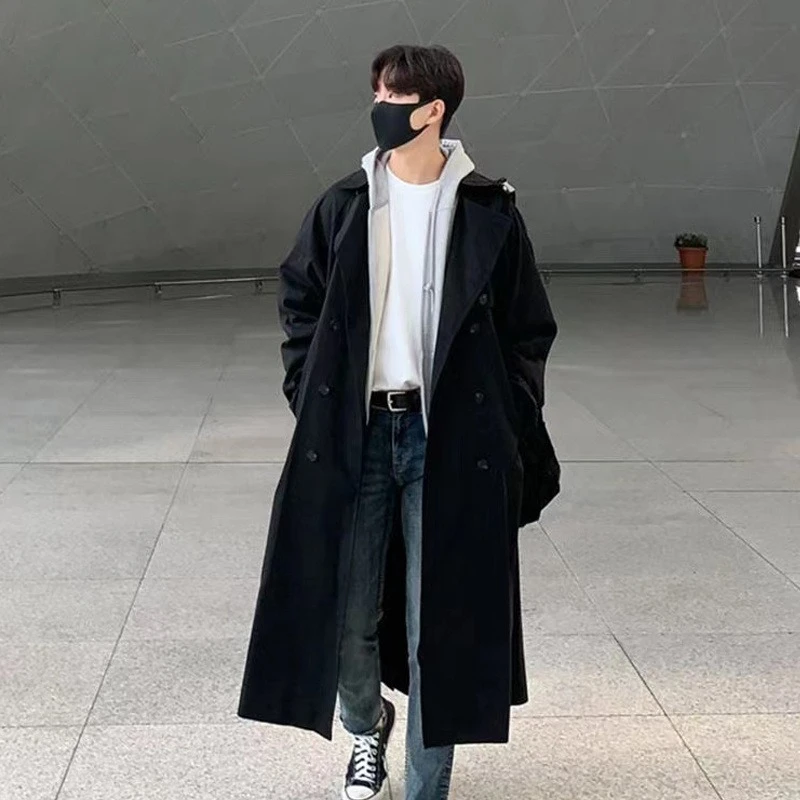 

Men's Loose Fitting Medium Long Spring Autumn Winter Windbreaker Korean Style Trendy Casual Outerwear