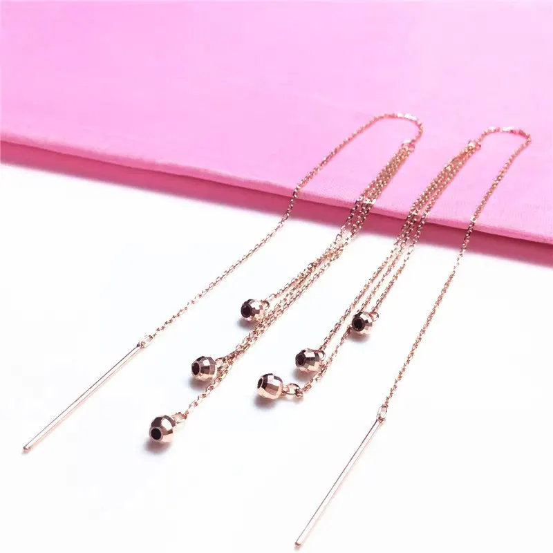 

Classics 585 Purple Gold Simple Ball Bead Long Chains Earings Plated 14K Rose Gold Elegant Earrings for Women Party Jewelry