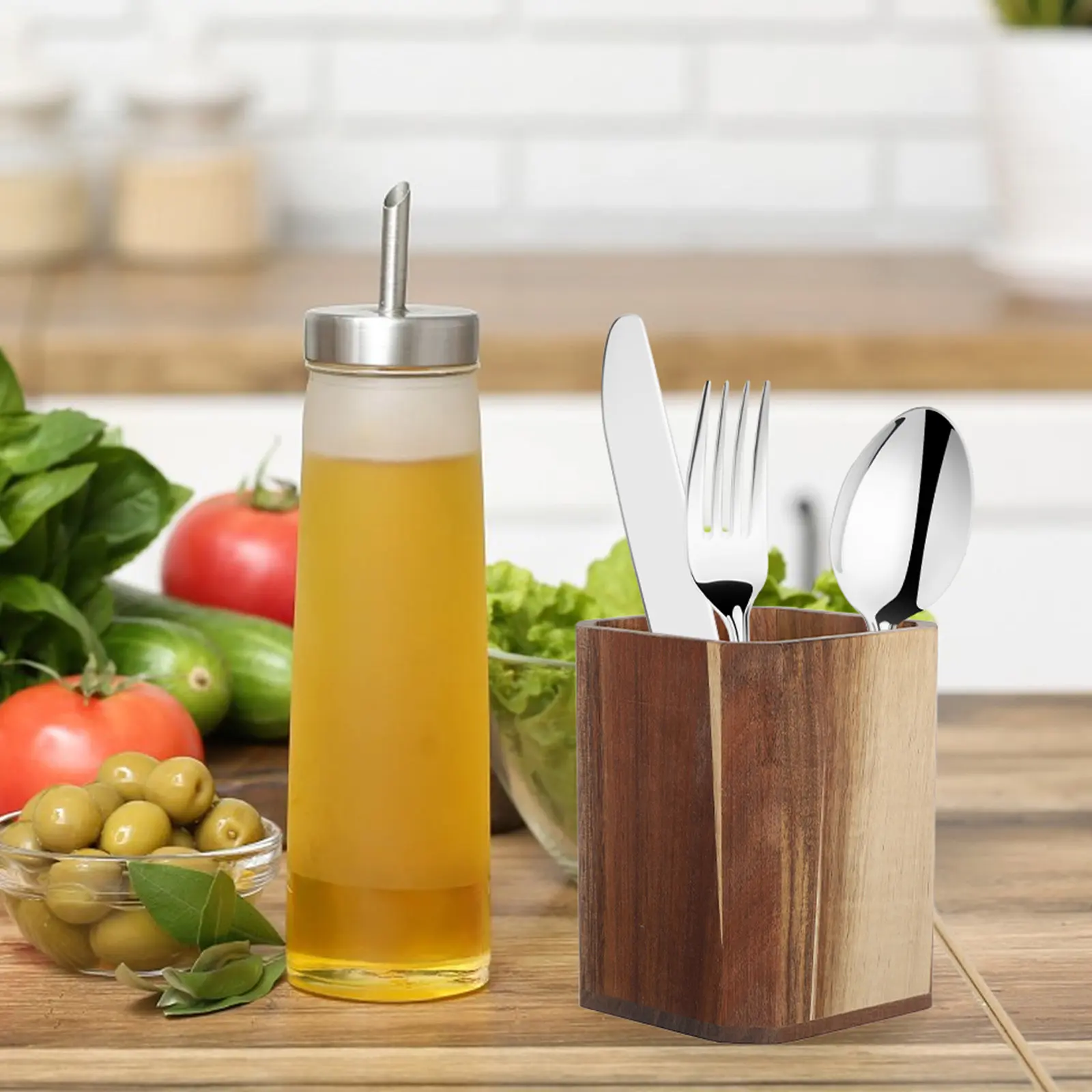 

Acacia Wood Cutlery Storage Box Natural Wood Grain Spoon Fork Chopstick Holder Kitchen Countertop Organizer Wooden Utensil