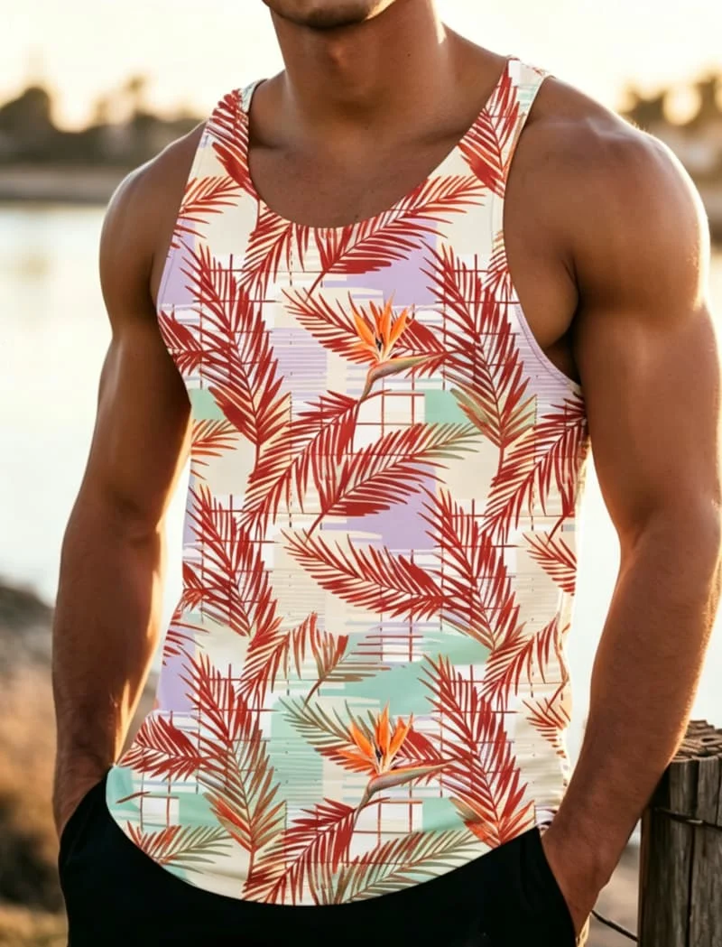 Men's Tropical Palm Leaf Flower Print Sleeveless Tank Top, for Summer Fitness, Beach Trips, Daily Outings & Casual Wear