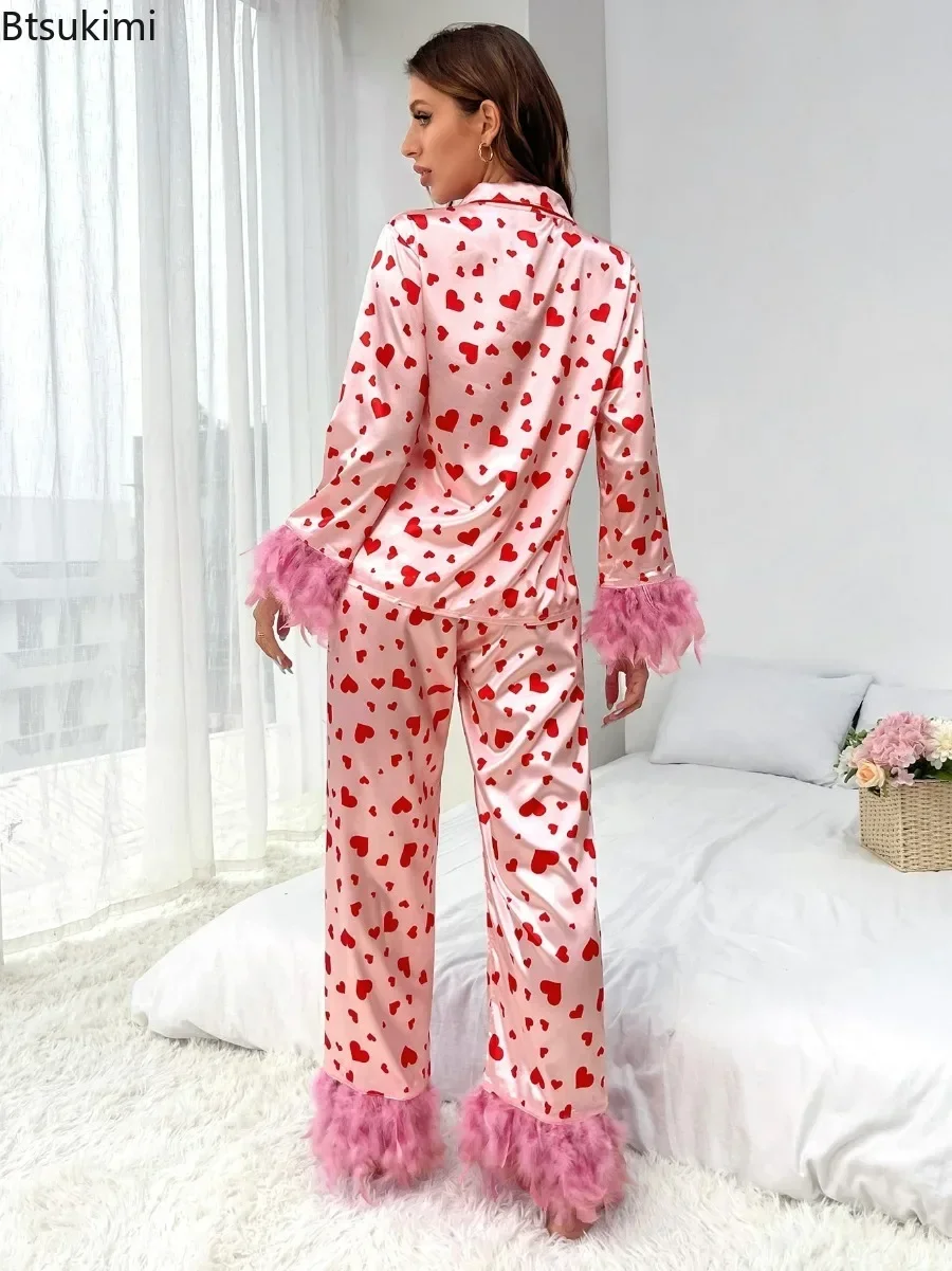2025 Women's Valentines Day Pajamas Print Feather Cuff Long Sleeve Lapel Button Down Tops with Long Pants Satin Loungewear Set
