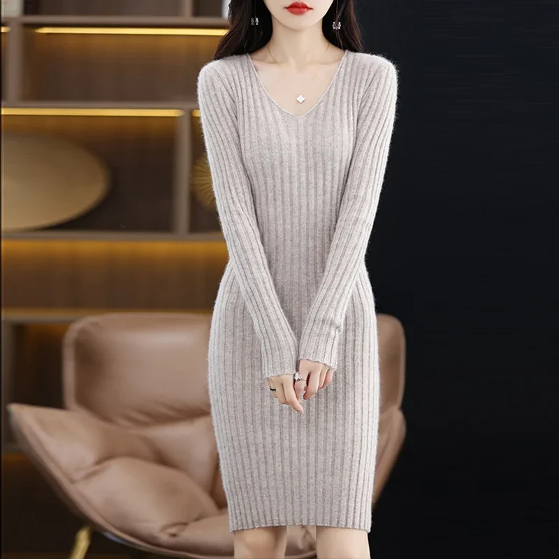 2023 Mink Cashmere Sweater Ladies V-Neck Solid Color Long Knit Skirt Pullover Sweater Autumn And Winter New Bottoming Dress