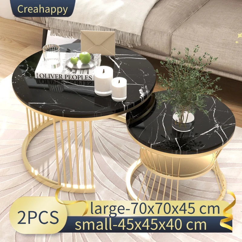 Creahappy Zeitgenössischer Couchtisch mit Metallrahmen – Couchtisch-Sets – offene Basis und runde