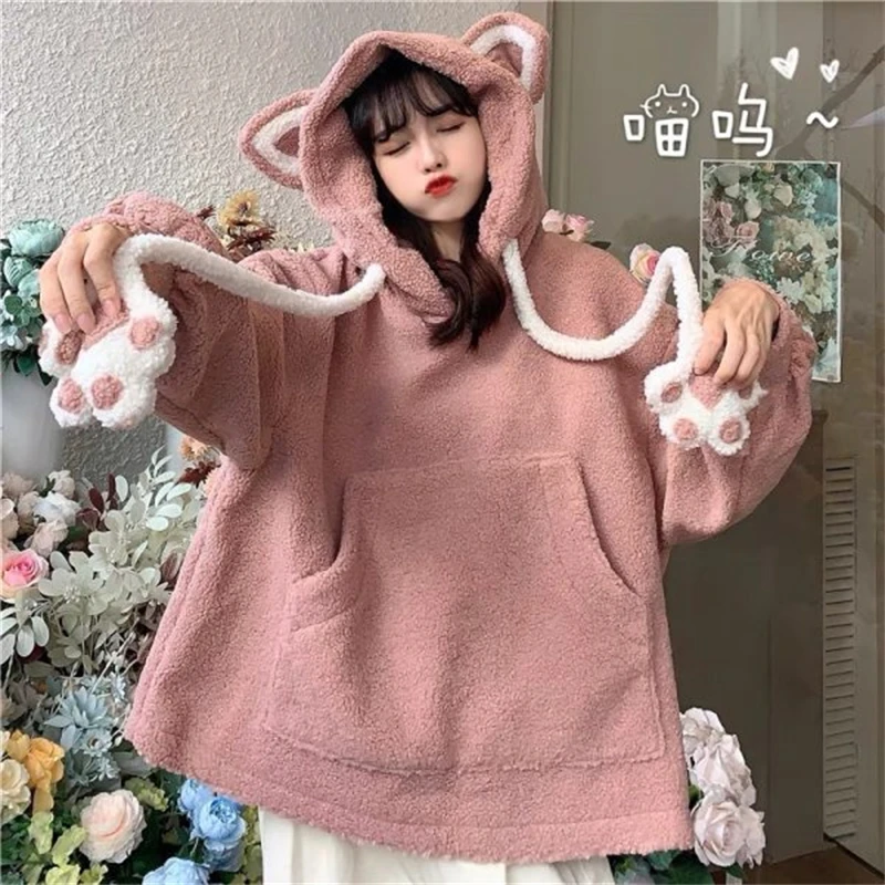 

Autumn And Winter Hooded Pullover Sweater Women's Thickened Coat Pink Large Pocket Panel Cat Claw Cute Sweater Girl Style