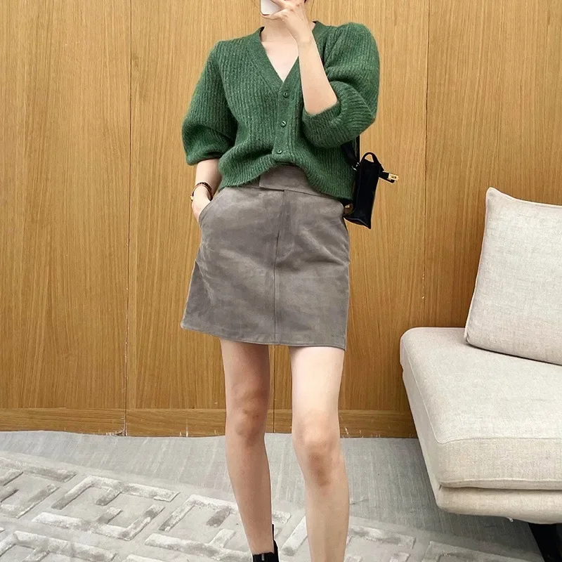 Spring and Autumn new simple leather skirt, high-waisted imported goat velvet versatile hip skirt for women
