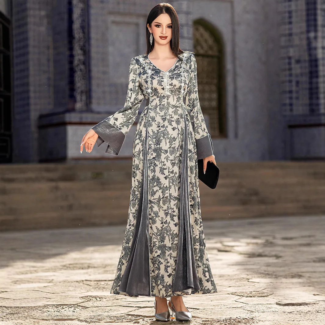 

Ba5244 V-neck Satin Printed Muslim Dress Hand-sewn Beaded Elegant Long Sleeve Dress Abaya Ramadan Dubai Luxury Islam Elegant