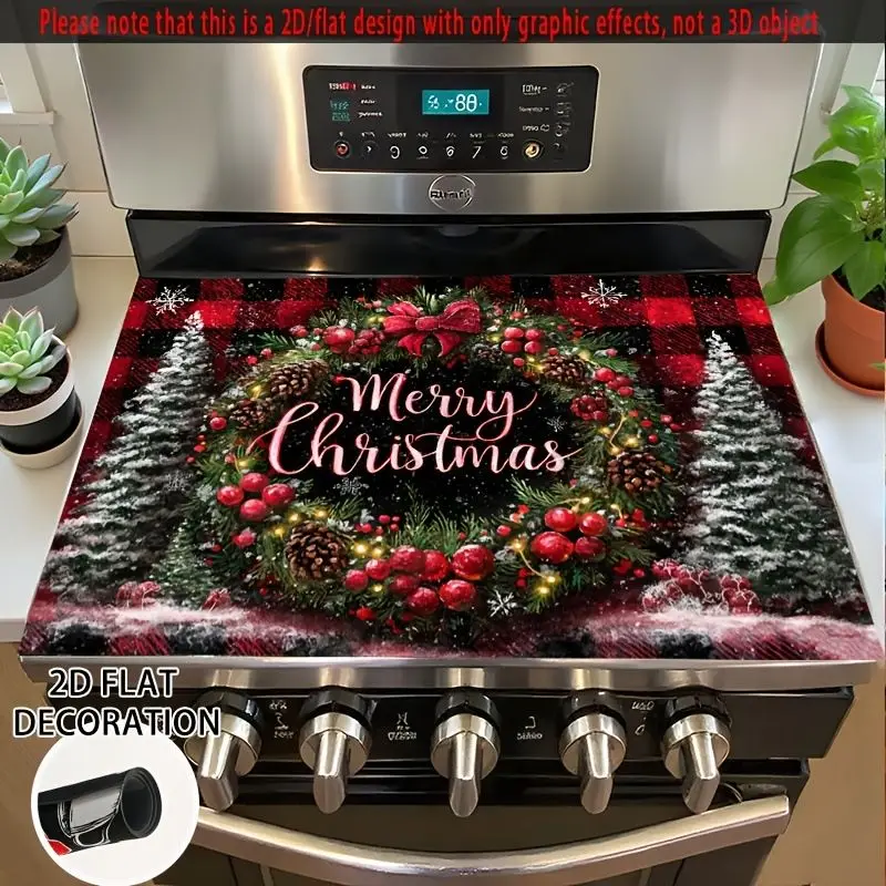 VIKAMA Stove Top Cover Wreath Plaid 2D Flat Range Cover Mat Non Slip Kitchen Christmas Holiday Decor
