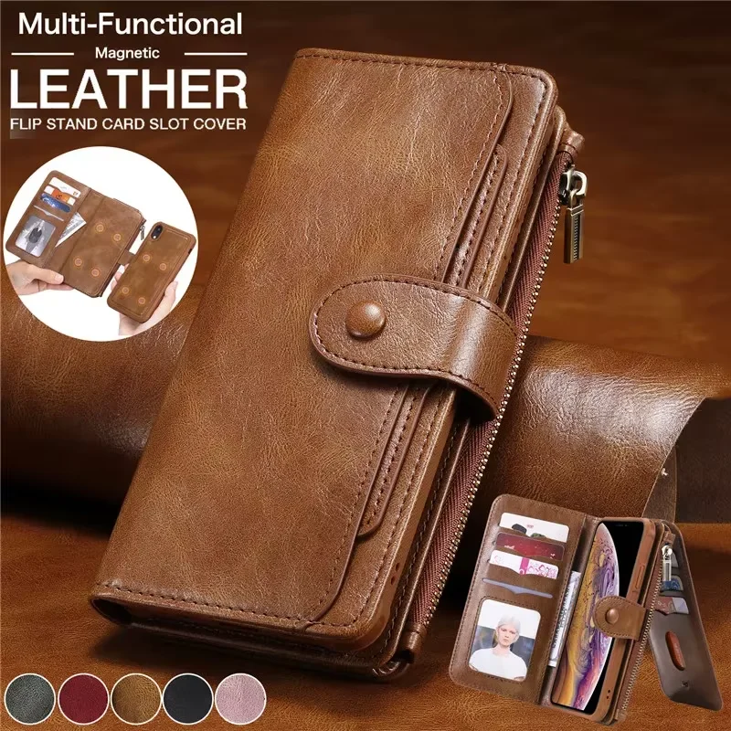 

Detachable Magnetic Flip Leather Case for iPhone X XS XR 11 12 13 14 15 16 17 Pro Max 16E SE 8 7 Plus Zipper Wallet Card Cover
