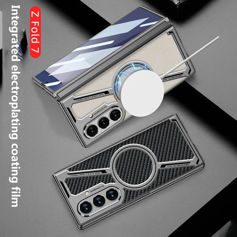 

Shaped Electroplated Magnetic Leather Case For Samsung Galaxy Z Fold 7 6 5G Fold7 Fold6 Shockproof Cover With Tempered Film