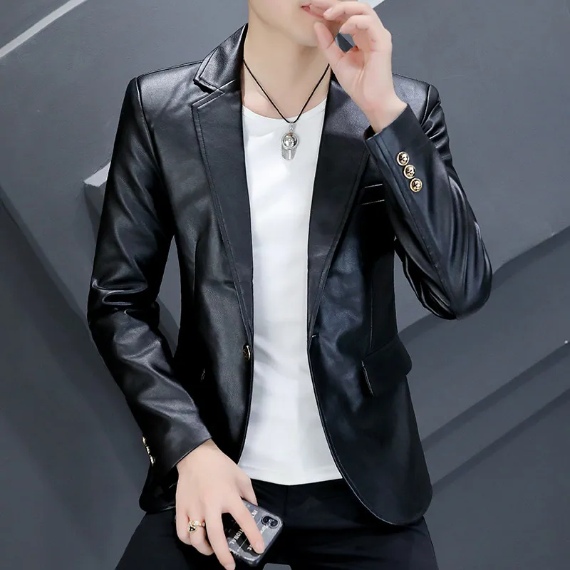 

Spring Men's Leather Jaet ort Pure Color Slim Fit Youth Sle Korean Faion Casual Anti-Wrinkle Polyester Blend Coat