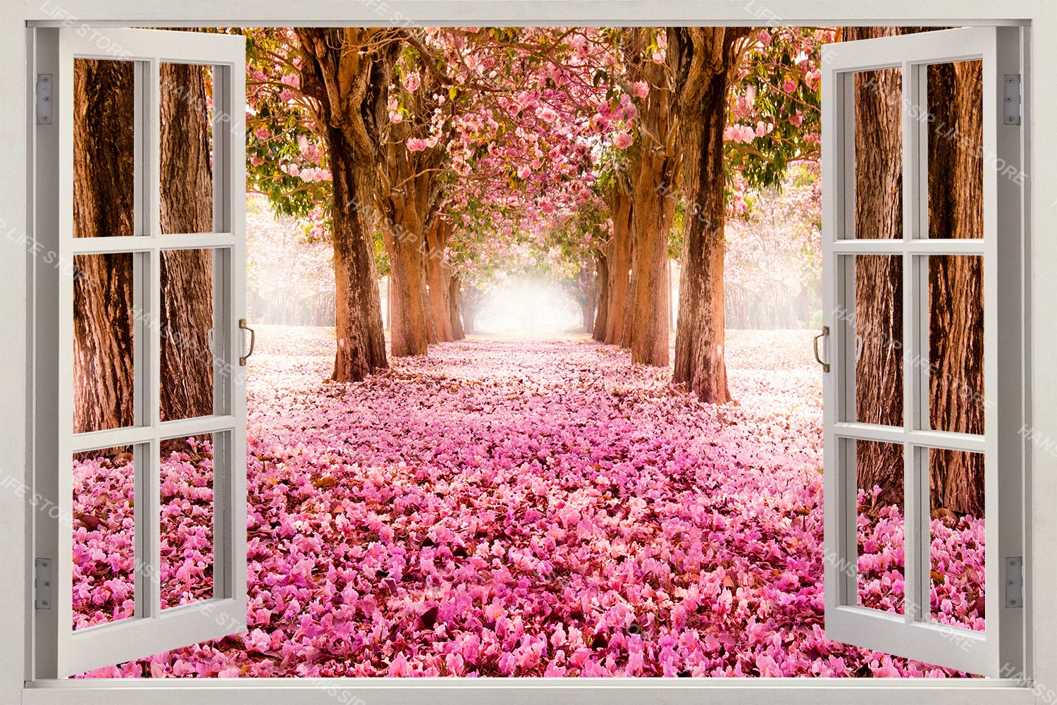 Imitation Window Sunshine Forest Landscape Wall Sticker Self Adhesive PVC Cherry Blossom Seascape Mural for Living Room Bedroom