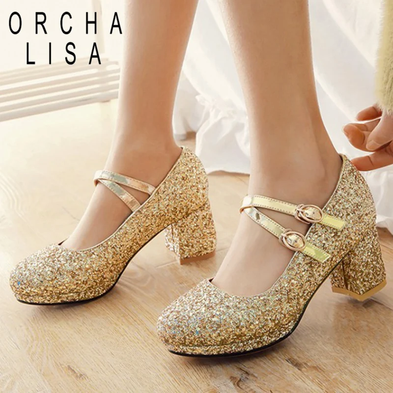 ORCHA LISA wedding shoes Women pumps Glitter Rhinestone ankle strap block heels party dress shoes silver