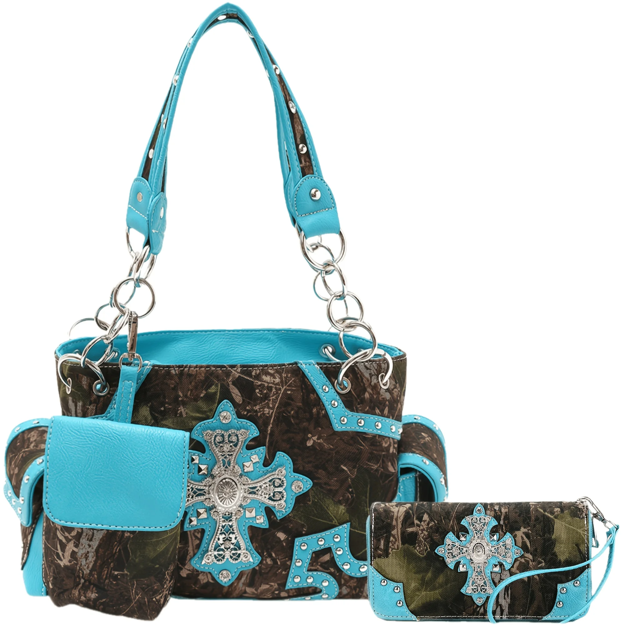 

Camouflage Cross Wings Western Style Studded Handbag Tooled Faux Leather Purse Country Women Shoulder Bag Pouch Wallet Set