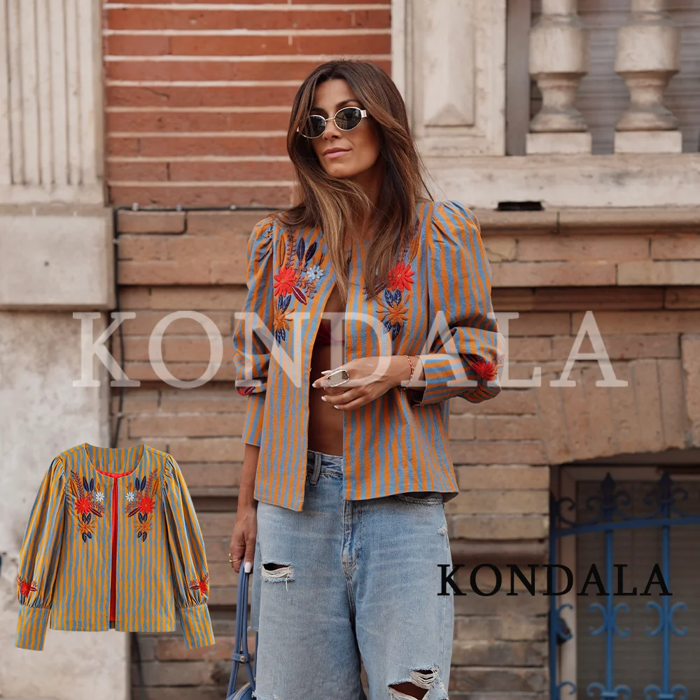 KONDALA Women Vintage Flower Embroidered Striped Jacket 2025 Summer Early Fall Chic Street Jacket Elegant Leisure Slim Jackets