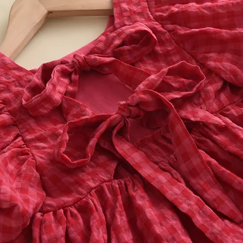 Red Plaid Bow Dress 4 Bear Leader Summer Red Plaid Bow Dresses Elegant Lolita Child Baby Girl Midi Dress Children Dresses Girl Party Princess Sundress 4