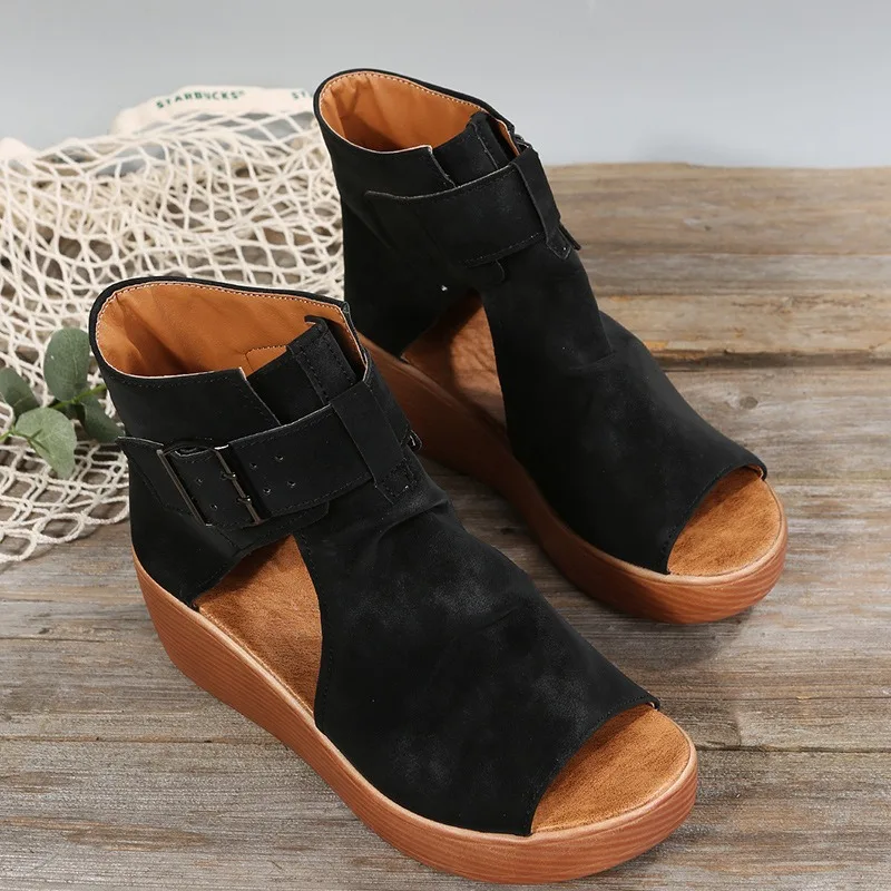 2023 New Fashion Ladies Sandals Wedges Pu Open Toe Summer Fashion Female Gladiator Solid Color Sandals Platform Shoes for Women