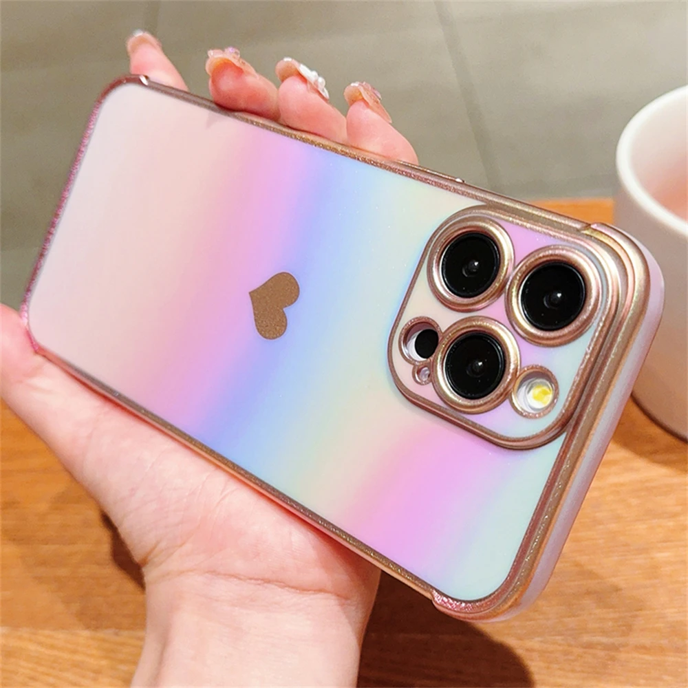 Lüks sevimli kaplama aşk kalp lazer kılıf iPhone 11 12 13 14 15 16 Pro Max gökkuşağı düz renk düğmesi darbeye arka kapak