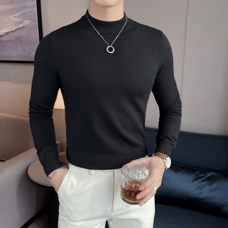 Men's Mock Neck Sweaters Knitted Basics Black White Warm Top Casual Slim Fit Pullovers Long Sleeve Stretch Warm White Jumper Man