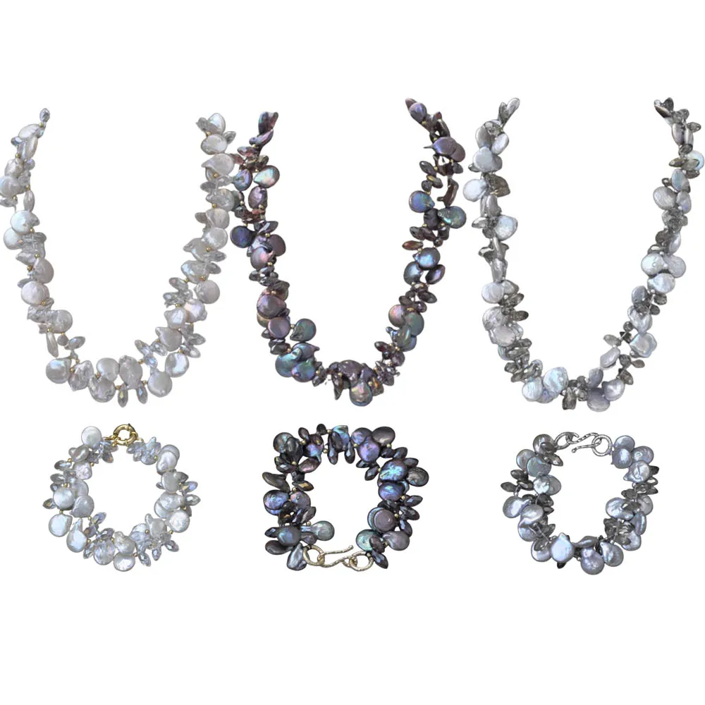 

Z13879 2Row 18" White Gray Black Baroque Coin Pearl Faceted Drop Crystal Necklace Bracelet Custom Jewelry
