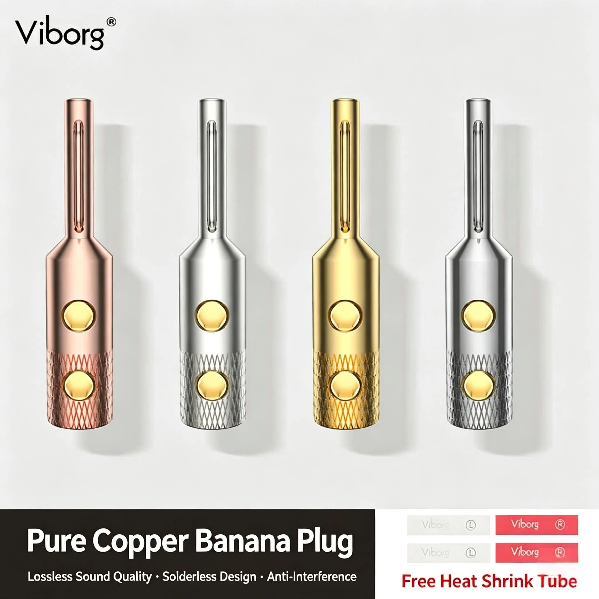 Image of Viborg Reines Rotkupfer Bananenstecker Gold/Rhodium Beschichtet Lötfreier Lautsprecherkabel-Verbinder HiFi-Verstärker Anschlussklemme