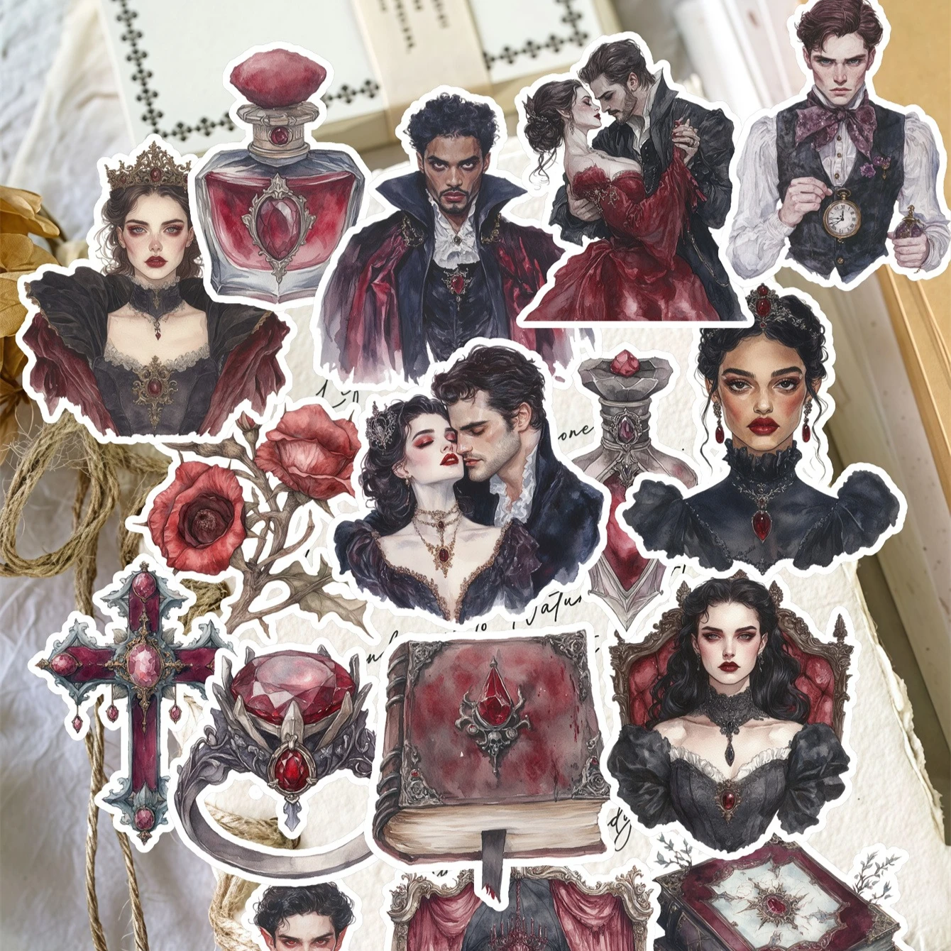Stickers Hand-painted Watercolor Vampire Queen and Count Couple Books Stickers DIY Scrapbook Diary Project Decoration Vintage