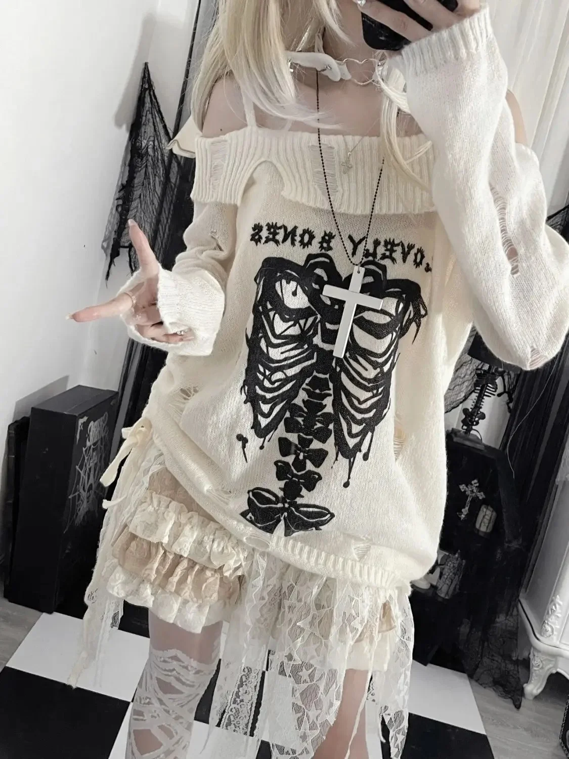 Women\'s Off Shoulder Skull Sweater Punk Long Sleeve Y2k skeleton Pullover Hollow Out Grunge Thin Knit Gothic Streetwear Autumn