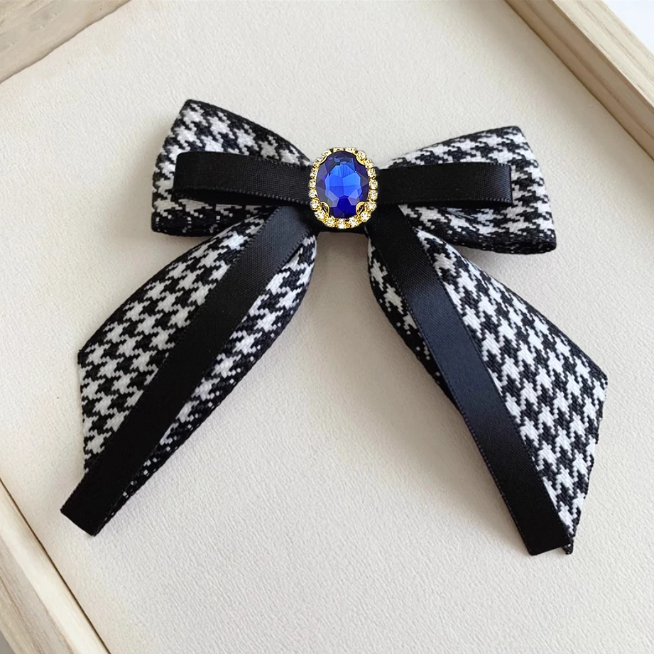 Korean Fashion Women's Bow Ties Houndstooth Ribbon Rhinestone Pin Handmade Jewelry College Style Shirt Accessories Collar Flower