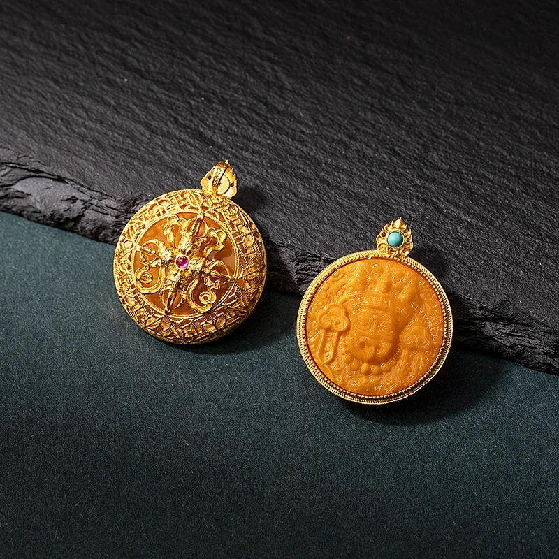 S925 Silver Gold-Plated Inlaid Amber Beeswax Blood Zakiraam Demon-Slaying Pestle Round Pendant