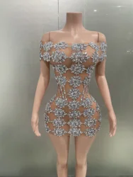 Women Sparkly Rhinestone Mesh Luxury Mini Dress Sexy Nightclub Party Dance Performance Costume Singer Dancer Show Stage Wear
