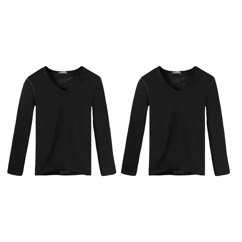2PCS Men's Autumn Clothes Single-piece V-neck Cold-proof Thickened Fleece Skinny Youth Bottom Cotton Sweater Warm Top
