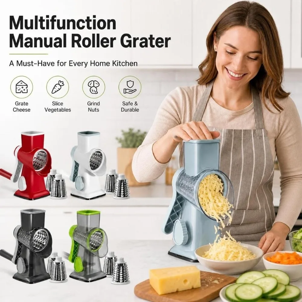 Versatile 3 in 1 Rotary Cheese Grater 3 Sharp Drums Julienne Peanut Nuts Grinder Clear Kitchen Mandoline Slicer Garlic Potato