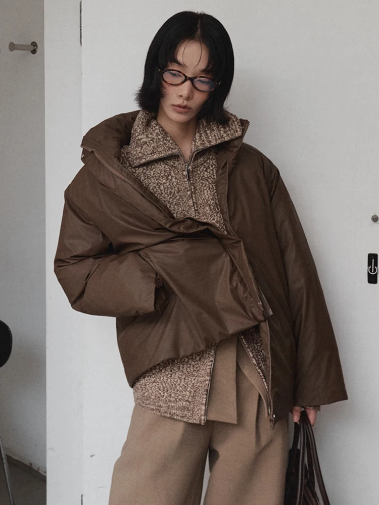 DEAT Mode Damen PU-Leder 90 Weiße Daunenjacke Revers Lose Reißverschluss Khaki Dicke warme Parka-Jacken Winter 2024 Neu 7AB6029