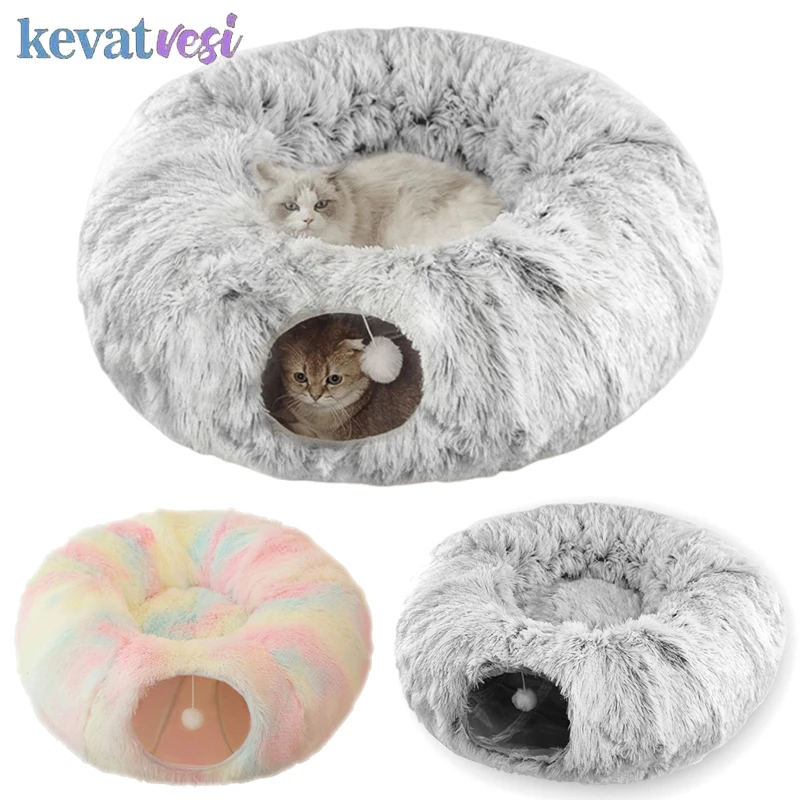 

2 in 1 Cat Bed Winter Warm Cat Tunnel Toys Donut Kitten House Soft Plush Pet Sleeping Bed for Cats Comfortable Cat Nest