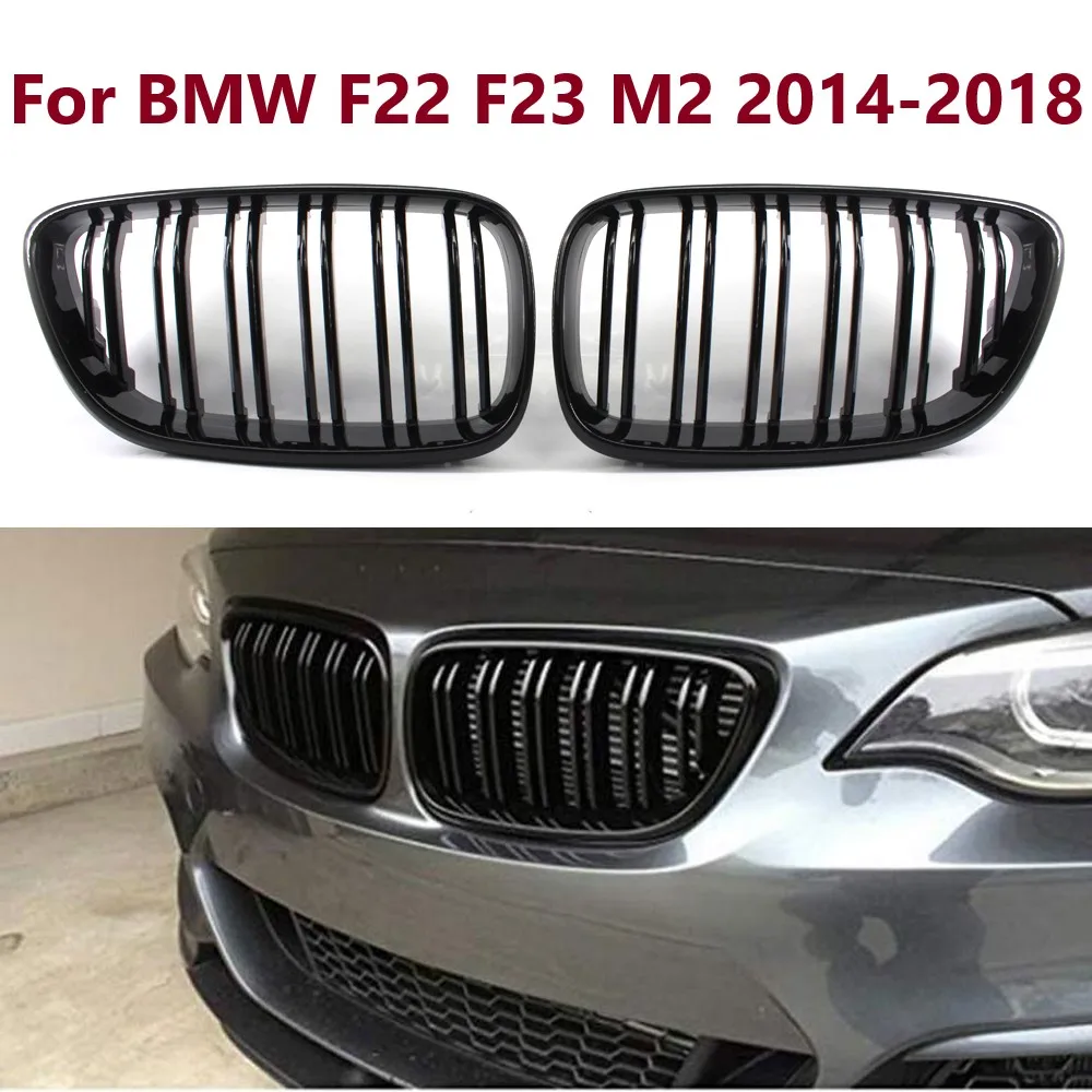 2PCS Gloss Black Dual Slat Front Hood Kidney Grilles Grill Compatible For BMW F22  F23 M2 2014-2018 For BMW 225i 218i 220i