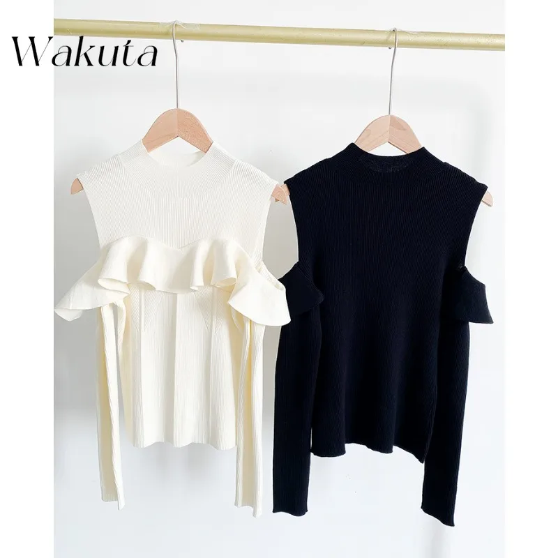 WAKUTA Japanese Spring Fashion Half High Neck Long Sleeve Slim Fit Knitted Sweaters Lotus Leaf Edge Off Shoulder Knitted Jumpers