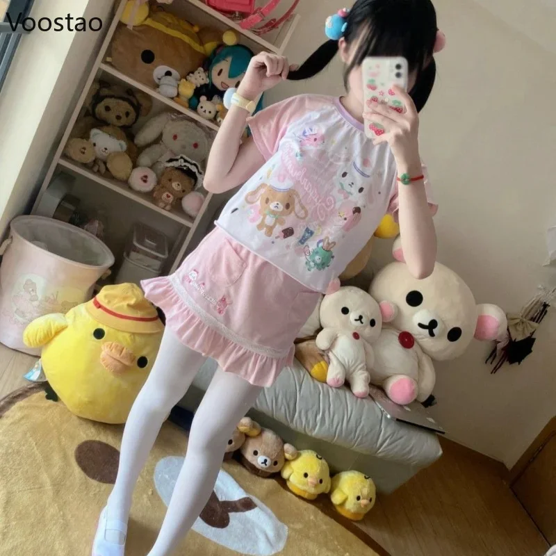 Japanese Cute Cartoon Print Lolita Short T-shirt Women Sweet Short Sleeve Tops Girls Pink Kawaii Pulovers TShirts Summer Tees