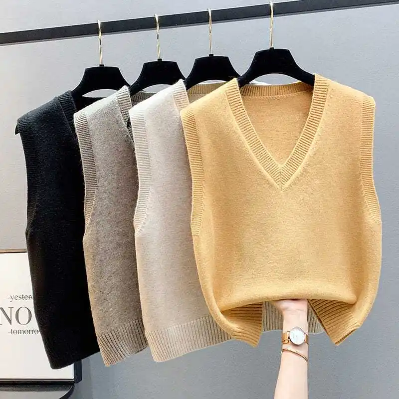 

Sleeveless V-Neck Sweater Vest Women 2025 Korean Fashion Knitwear Spring Autumn Solid Color All-match Pullovers Waistcoats Tops