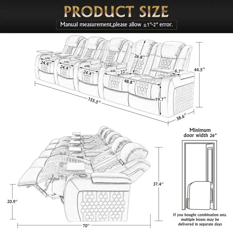 Sillón reclinable eléctrico de 155,5 ", 5 unidades, cuero de grano superior, relajación totalmente ajustable, carga inteligente, iluminación LED RGB, Color café