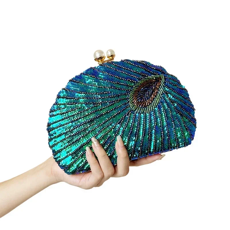 New Luxury Peacock Green Clutch Bag Women Sequins Party Handbags Beading Evening Purses Christmas Birthday Chinese Gift
