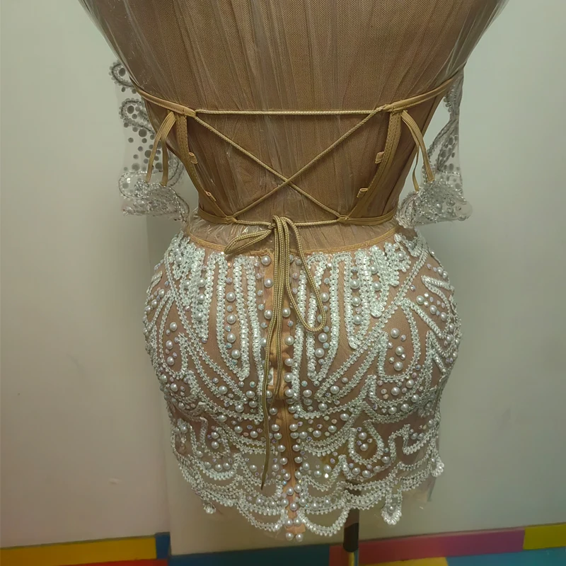 White Pearls  Dress See through Women Singer Festival Dresses Evening Dress Performance Outfit Stage Catwalk Wear