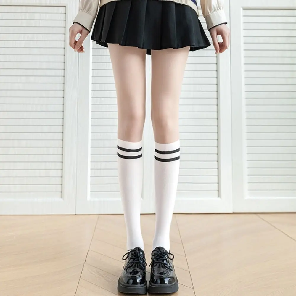 Trendy Nylon Striped Splicing Pantyhose Thin Seamless Women Stockings Fake Calf Socks Matching Dress Tights Daily