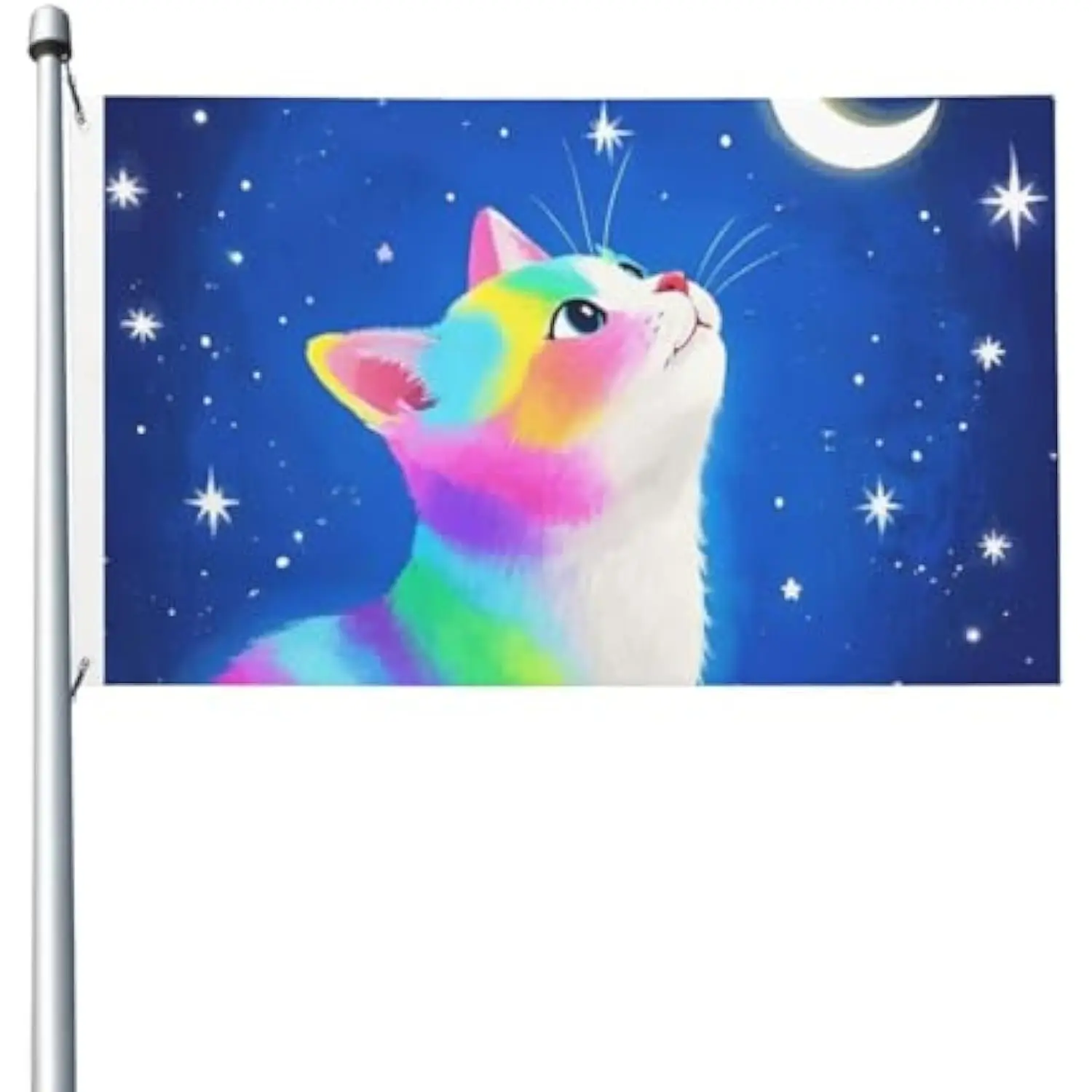 Rainbow Cat Staring at Moon Stars Night Sky Garden Flag Outdoor Polyester Decorative Banner
