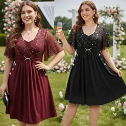 ROSEGAL Plus Size Sterne Druck Schnalle Knopftaschen Geraffte Schmetterlingsärmel Kleid Tiefblau Damen Lässige Kleider mit quadratischem Kragen
